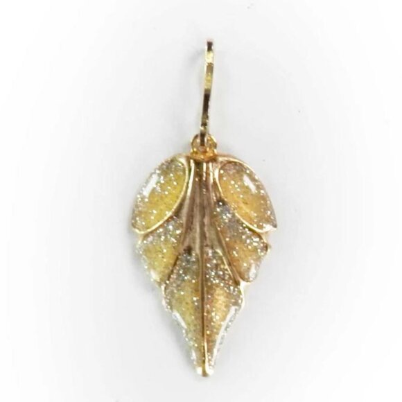 Vtg Gold Tone Single Leaf "Diamond Dust" Enamel Necklace Pendant Nature Floral - Picture 4 of 4